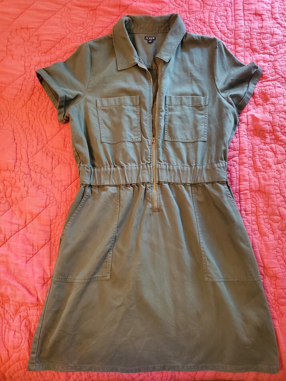 J. Crew Olive Green Short-Sleeve Zip-Front Utility Mini Dress